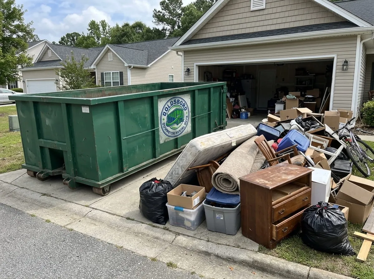 Worker beside a commercial roll-off dumpster from Goldsboro Dumpster Rental Guys in Goldsboro, NC
