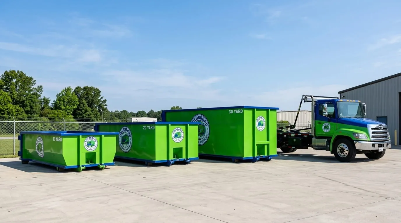 Goldsboro Dumpster Rental Guys fleet of roll-off dumpsters and trucks in Goldsboro, NC