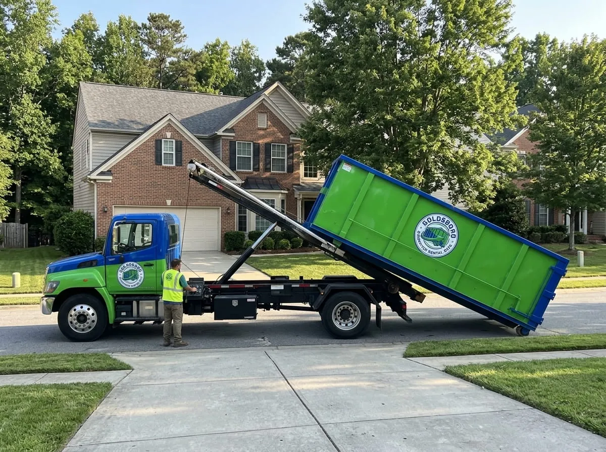 Roll-off construction dumpster being loaded onto a Goldsboro Dumpster Rental Guys truck